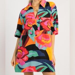 Olivaceous Multi Color Floral Linen Blend Slouchy Mini Dress Size Medium Boho